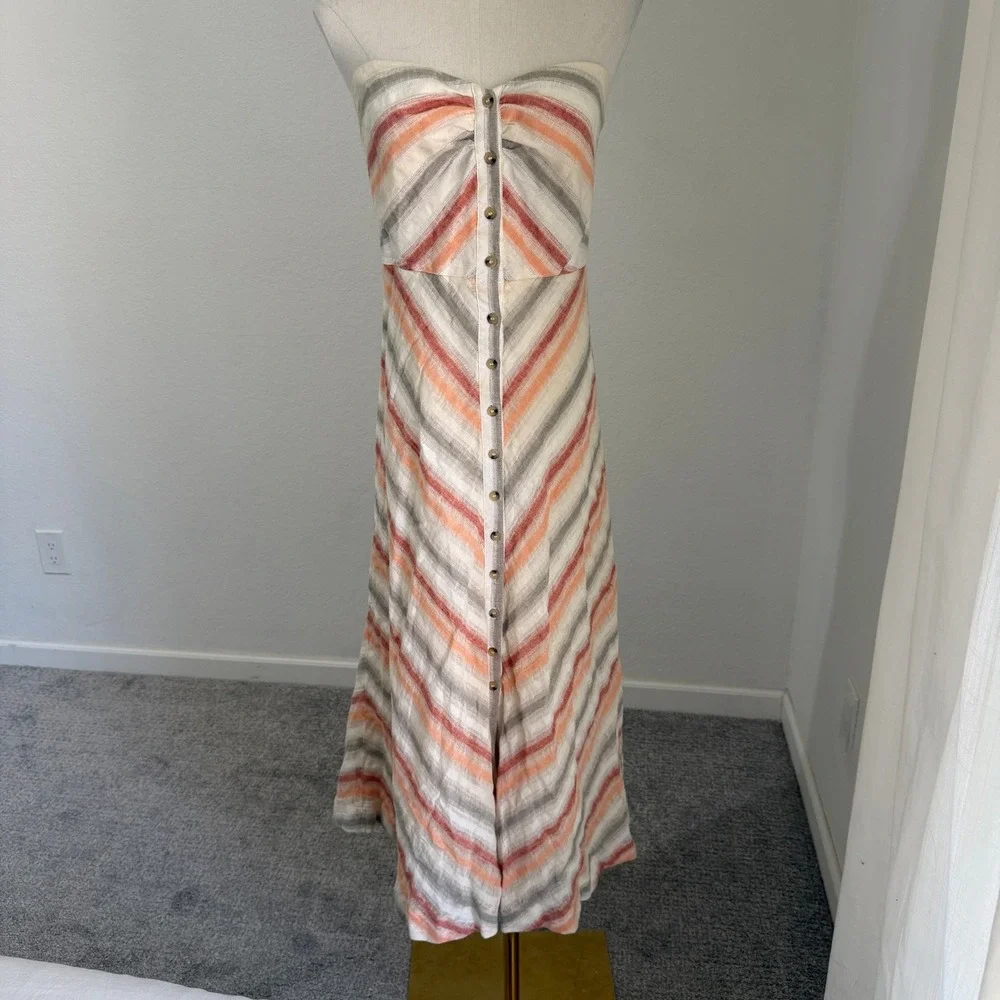 Free People Striking Striped Strapless Linen Midi Dress Medium‎ Boho Coastal